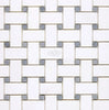 The Thassos White (Greek) Basketweave Mosaic (w/ Blue-Gray) Mosaic Marble Polished-Honed tiles by SurfacesGalore evoke the elegance of Greek marble with their white geometric design interspersed with small blue-gray square tiles.