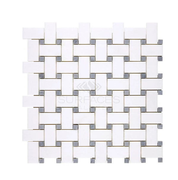 Introducing the Thassos White (Greek) Basketweave Mosaic (w/ Blue-Gray) Mosaic Marble Polished-Honed, featuring a white woven pattern with interspersed blue-gray tiles and crafted from exquisite Thassos White Marble. Available exclusively from SurfacesGalore.