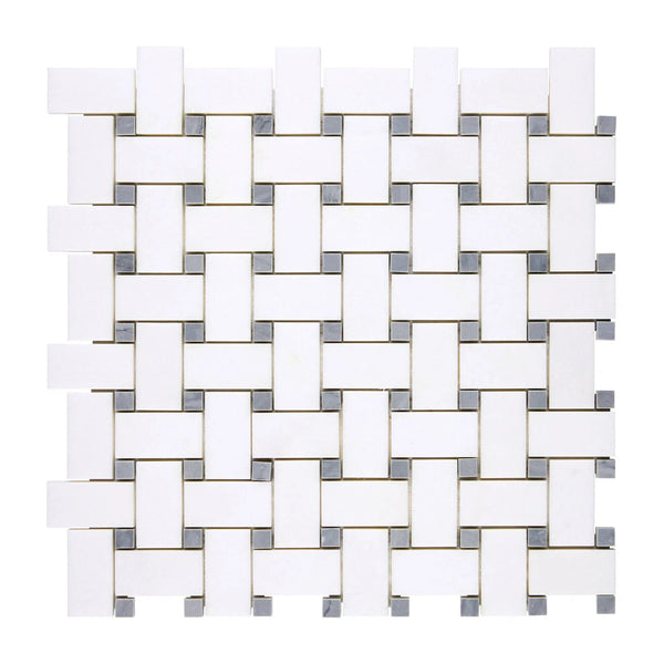 Thassos White (Greek) Basketweave Mosaic (w/ Blue-Gray) Mosaic Marble Polished-Honed