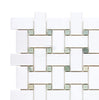 SurfacesGalore's Thassos White (Greek) Basketweave Mosaic (w/ Ming Green) Mosaic Marble Polished-Honed features white interlocking rectangular tiles with small green square accents in a woven pattern, crafted from Thassos White Marble, on a pure white background.