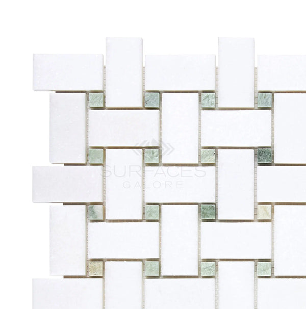 SurfacesGalore's Thassos White (Greek) Basketweave Mosaic (w/ Ming Green) Mosaic Marble Polished-Honed features white interlocking rectangular tiles with small green square accents in a woven pattern, crafted from Thassos White Marble, on a pure white background.