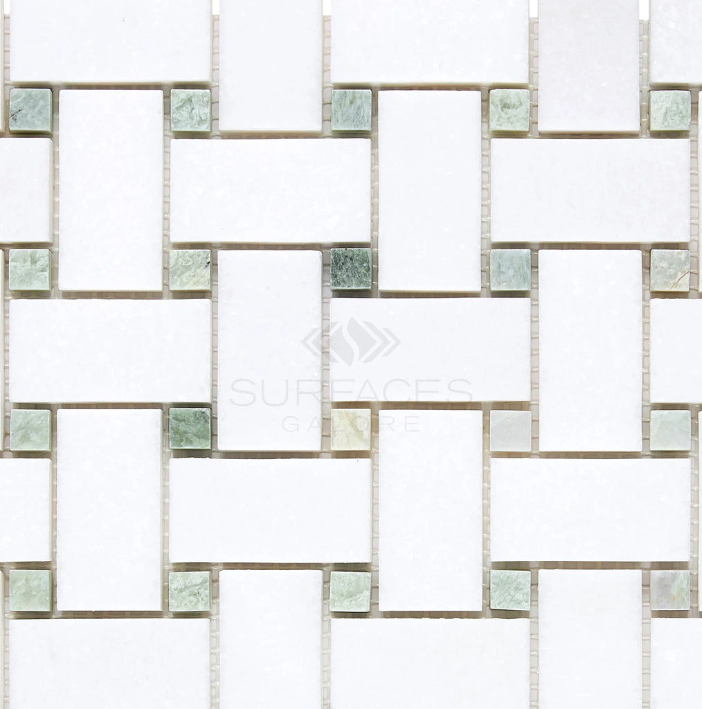 A geometric tile pattern of interlocking rectangles and squares in muted green tones with Thassos White (Greek) Basketweave Mosaic (w/ Ming Green) Mosaic Marble Polished-Honed from SurfacesGalore.