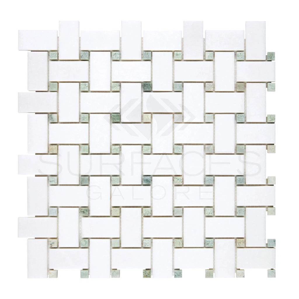 Thassos White (Greek) Basketweave Mosaic (w/ Ming Green) Mosaic Marble Polished - Honed - SurfacesGalorePolished