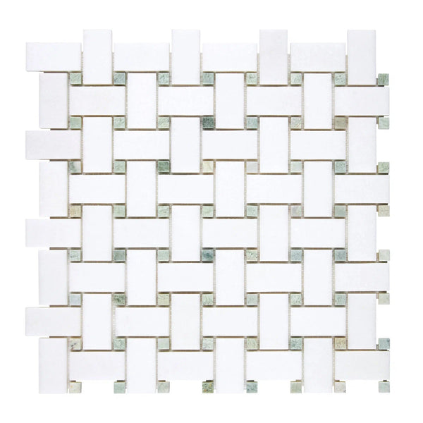 Thassos White (Greek) Basketweave Mosaic (w/ Ming Green) Mosaic Marble Polished-Honed