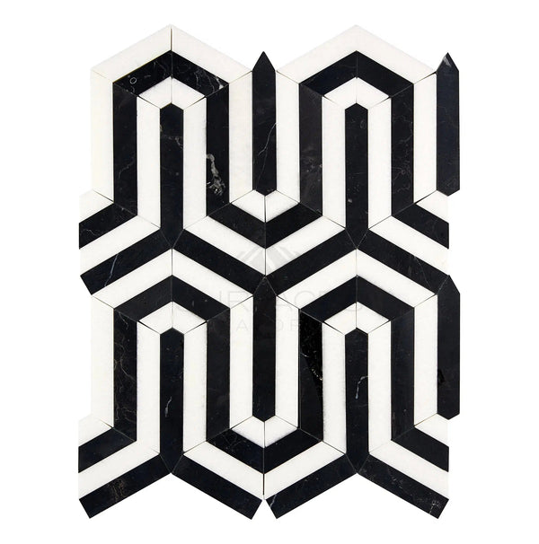 The Thassos White (Greek) Berlinetta Design (w/ Black) Mosaic Marble Polished-Honed tile from SurfacesGalore features a luxurious black and white geometric pattern with 3D illusions of cube shapes.