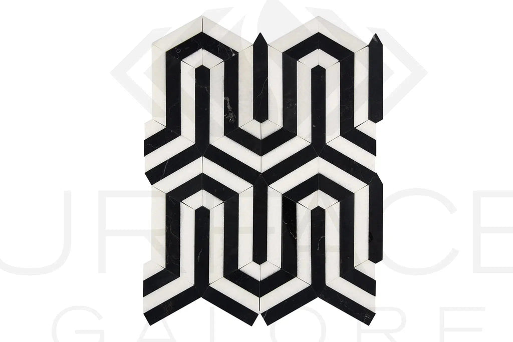 Thassos White (Greek) Berlinetta Design (w/ Black) Mosaic Marble Polished-Honed