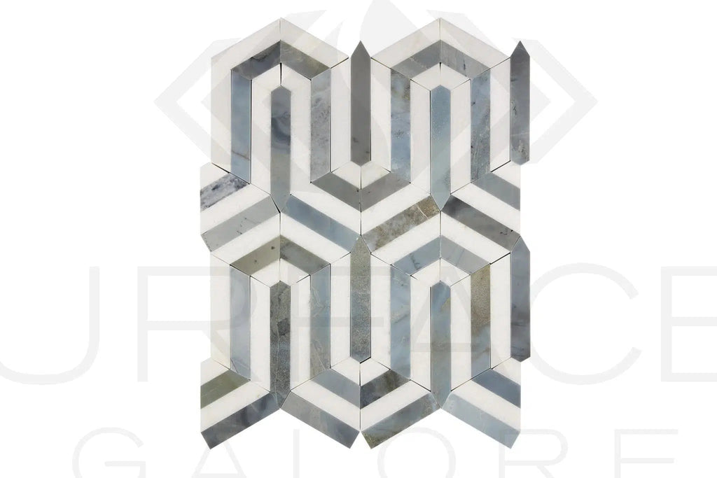 Thassos White (Greek) Berlinetta Design (w/ Blue - Gray) Mosaic Marble Polished - Honed - SurfacesGalorePolished