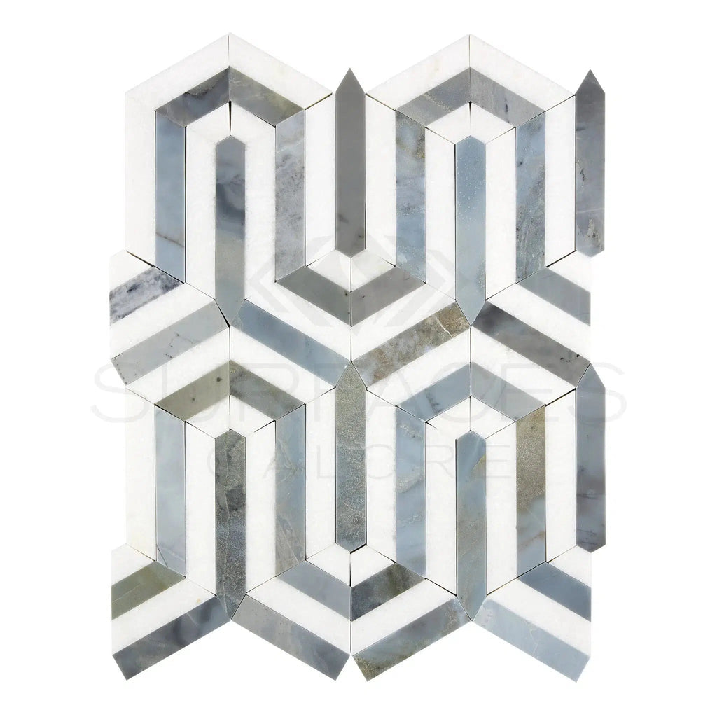 Thassos White (Greek) Berlinetta Design (w/ Blue - Gray) Mosaic Marble Polished - Honed - SurfacesGalorePolished