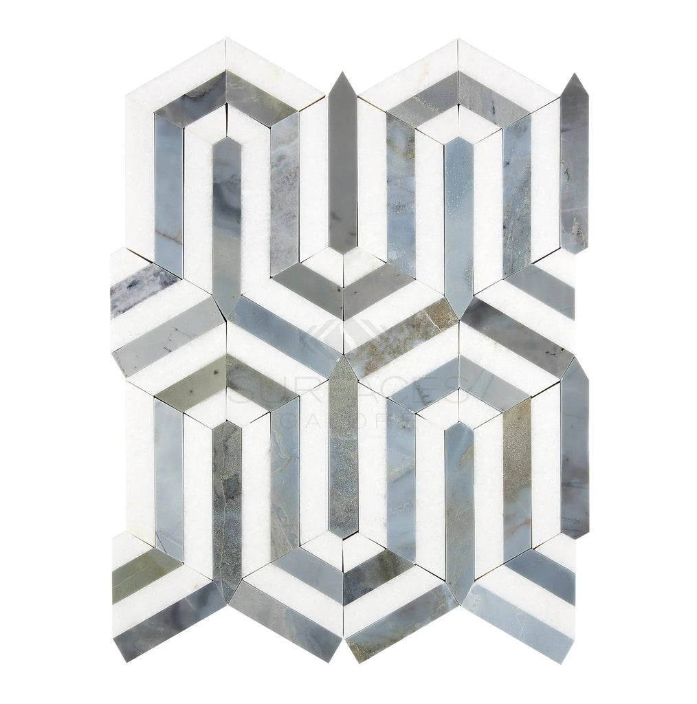 The SurfacesGalore Thassos White (Greek) Berlinetta Design (w/ Blue-Gray) Mosaic Marble Polished-Honed tile features an intricate geometric pattern with interlocking hexagonal shapes in white, gray, and blue hues, accented by Thassos White Marble.