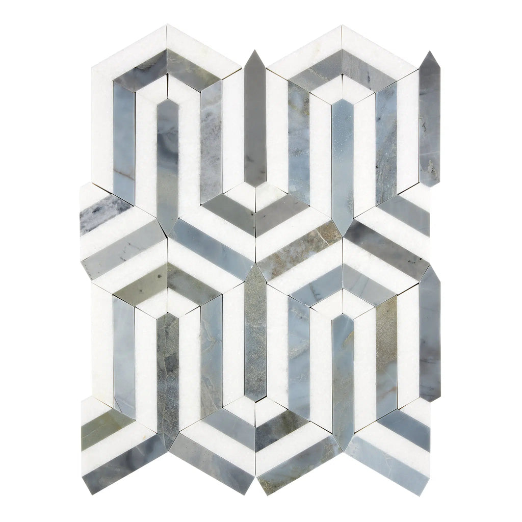 Thassos White (Greek) Berlinetta Design (w/ Blue-Gray) Mosaic Marble Polished-Honed