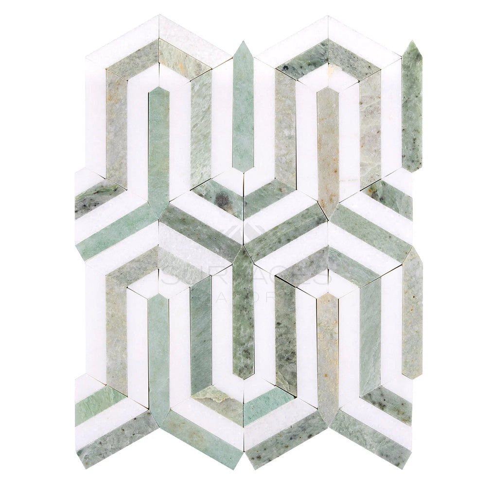 Thassos White (Greek) Berlinetta Design (w/ Ming-Green) Mosaic Marble Polished-Honed