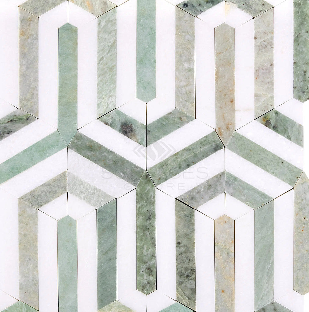 The Thassos White (Greek) Berlinetta Design (w/ Ming-Green) Mosaic Marble Polished-Honed by SurfacesGalore features a geometric pattern with green tiles and Thassos White Marble, arranged in a 3D optical illusion of interconnected hexagons and diamonds.