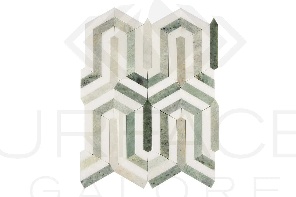 Thassos White (Greek) Berlinetta Design (w/ Ming - Green) Mosaic Marble Polished - Honed - SurfacesGalorePolished