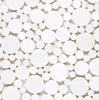 The Thassos White (Greek) Bubbles Mosaic Marble Polished-Honed from SurfacesGalore features a luxurious mosaic pattern of white circular tiles in varying sizes set against a Thassos White Marble background.