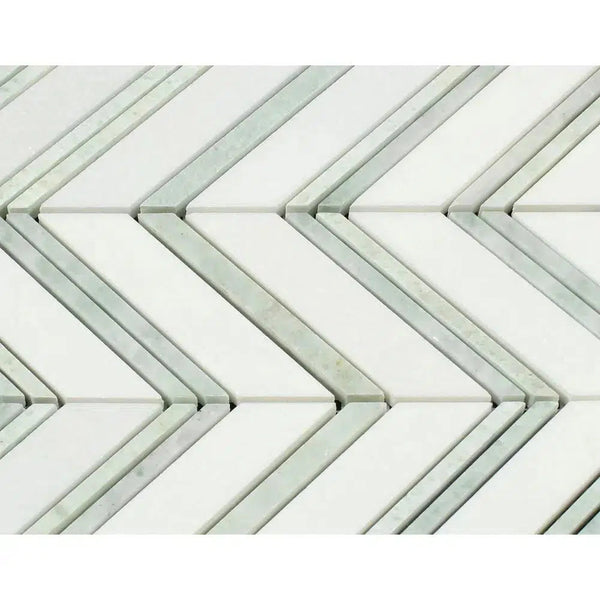 Thassos White (Greek) Chevron (LARGE) (w/ Ming - Green) Mosaic Marble Polished - Honed - SurfacesGalorePolished