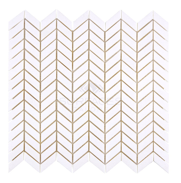 Transform your space with the stunning Thassos White (Greek) Chevron (Mini) Mosaic Marble Polished-Honed tiles from SurfacesGalore. When paired with beige grout, these elegant tiles create a striking zigzag pattern that offers both luxury and timeless aesthetic to any room.