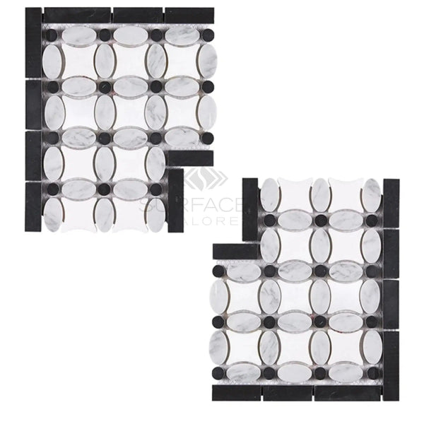 Thassos White (Greek) Florida Flower Border CORNER (Black) Marble Polished - Honed - SurfacesGalorePolished