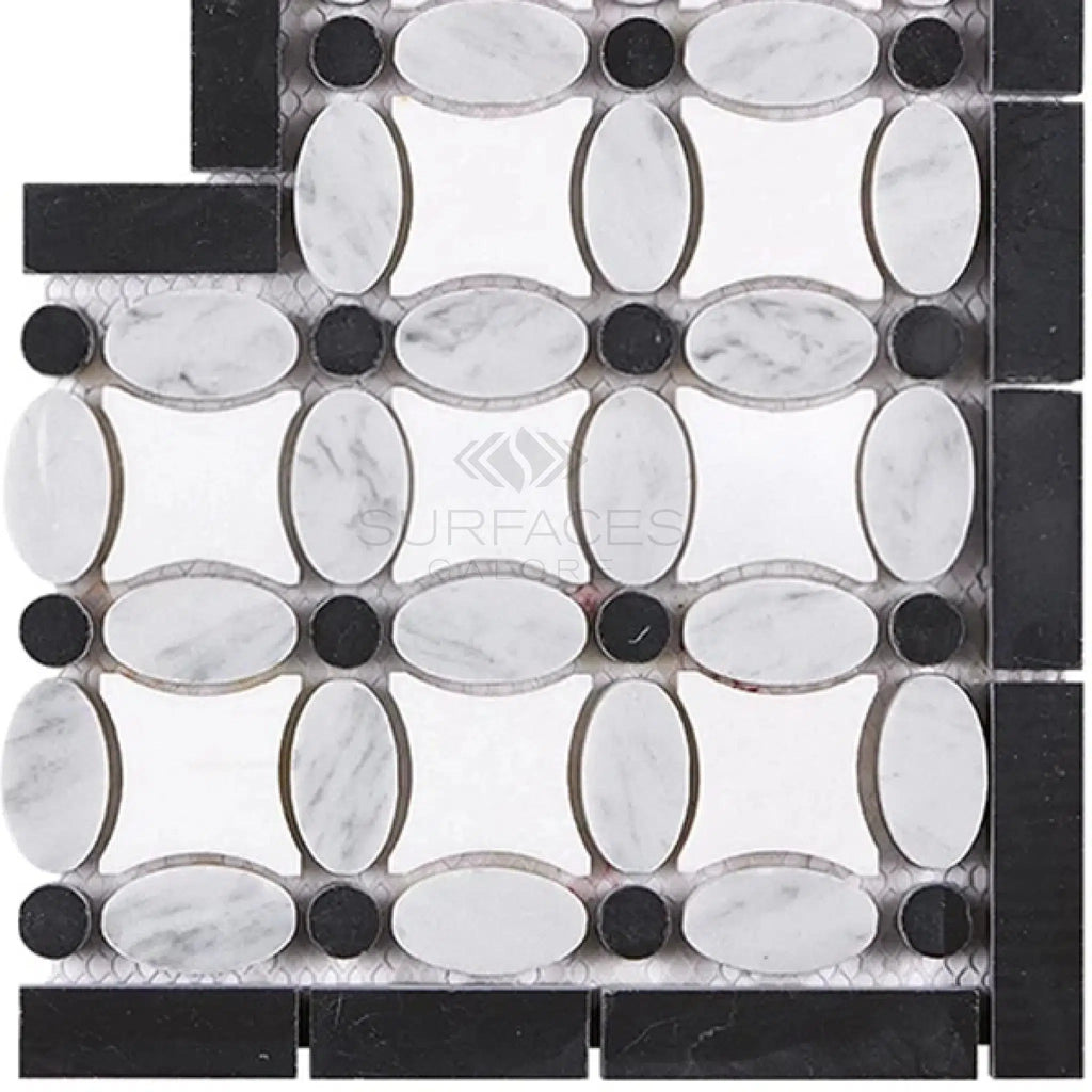 Thassos White (Greek) Florida Flower Border CORNER (Black) Marble Polished - Honed - SurfacesGalorePolished