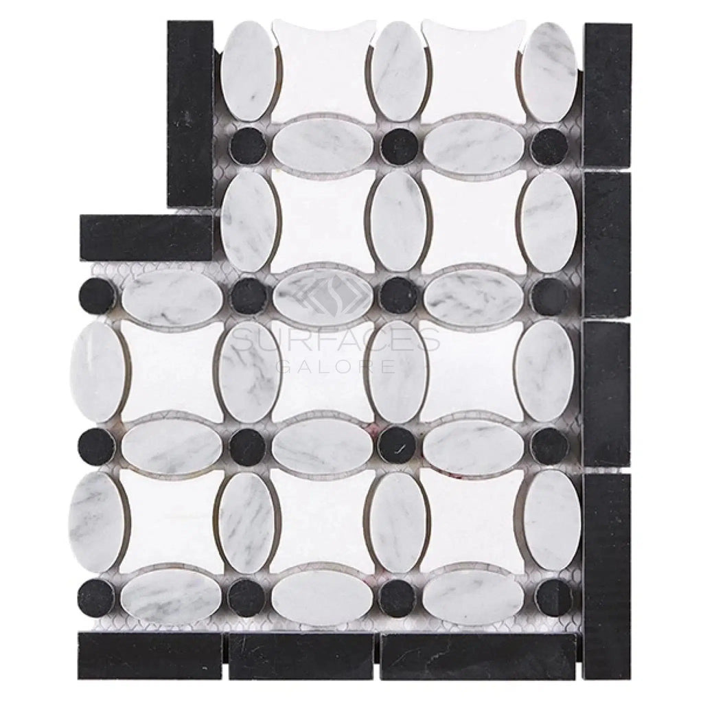 Thassos White (Greek) Florida Flower Border CORNER (Black) Marble Polished - Honed - SurfacesGalorePolished