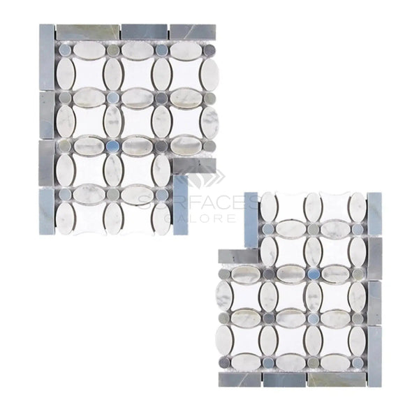 Thassos White (Greek) Florida Flower Border CORNER (Blue - Gray) Marble Polished - Honed - SurfacesGalorePolished