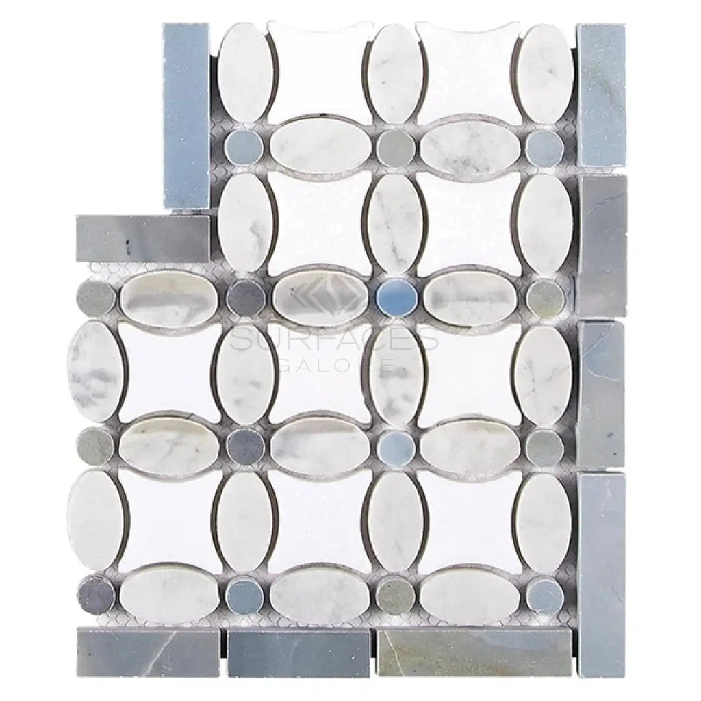 Thassos White (Greek) Florida Flower Border CORNER (Blue - Gray) Marble Polished - Honed - SurfacesGalorePolished