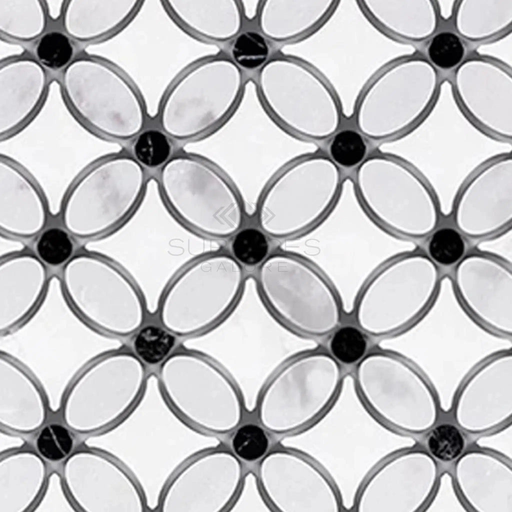 Thassos White (Greek) Florida Flower Mosaic (Thassos+White Carrara(Oval)+Black (Dots)) Marble Polished - Honed - SurfacesGalorePolished