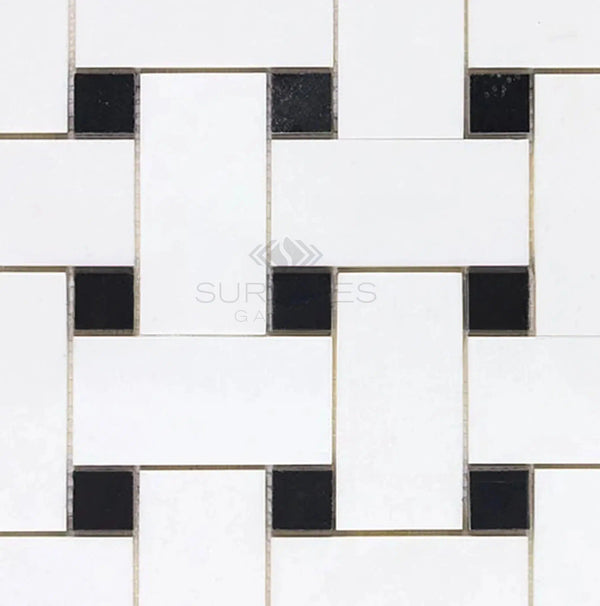 Thassos White (Greek) Large Basketweave Mosaic (w/ Black) Mosaic Marble Polished - Honed - SurfacesGalorePolished