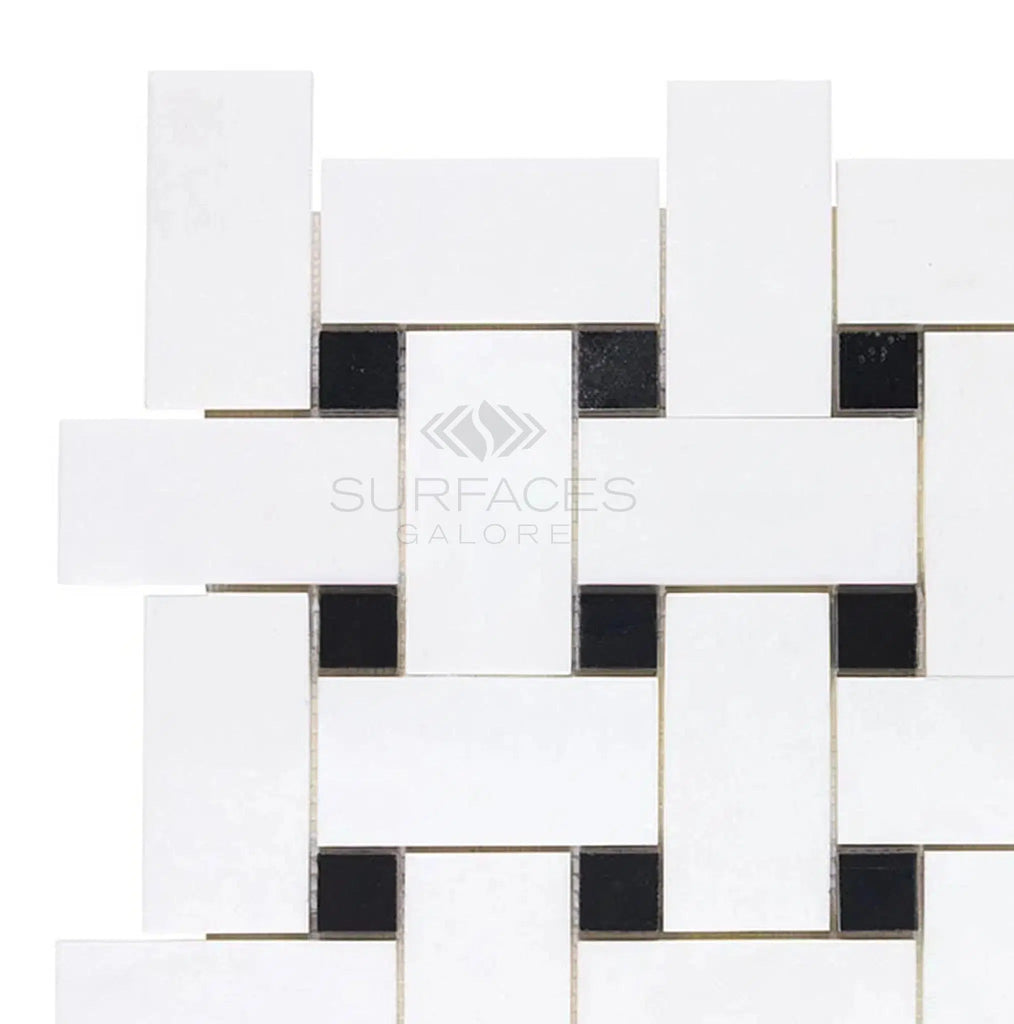 Thassos White (Greek) Large Basketweave Mosaic (w/ Black) Mosaic Marble Polished - Honed - SurfacesGalorePolished