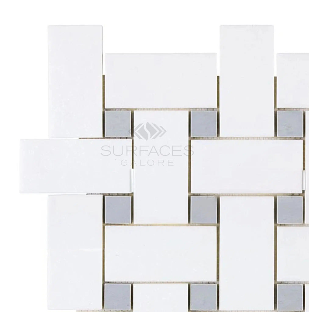 Thassos White (Greek) Large Basketweave Mosaic (w/ Blue - Gray) Mosaic Marble Polished - Honed - SurfacesGalorePolished