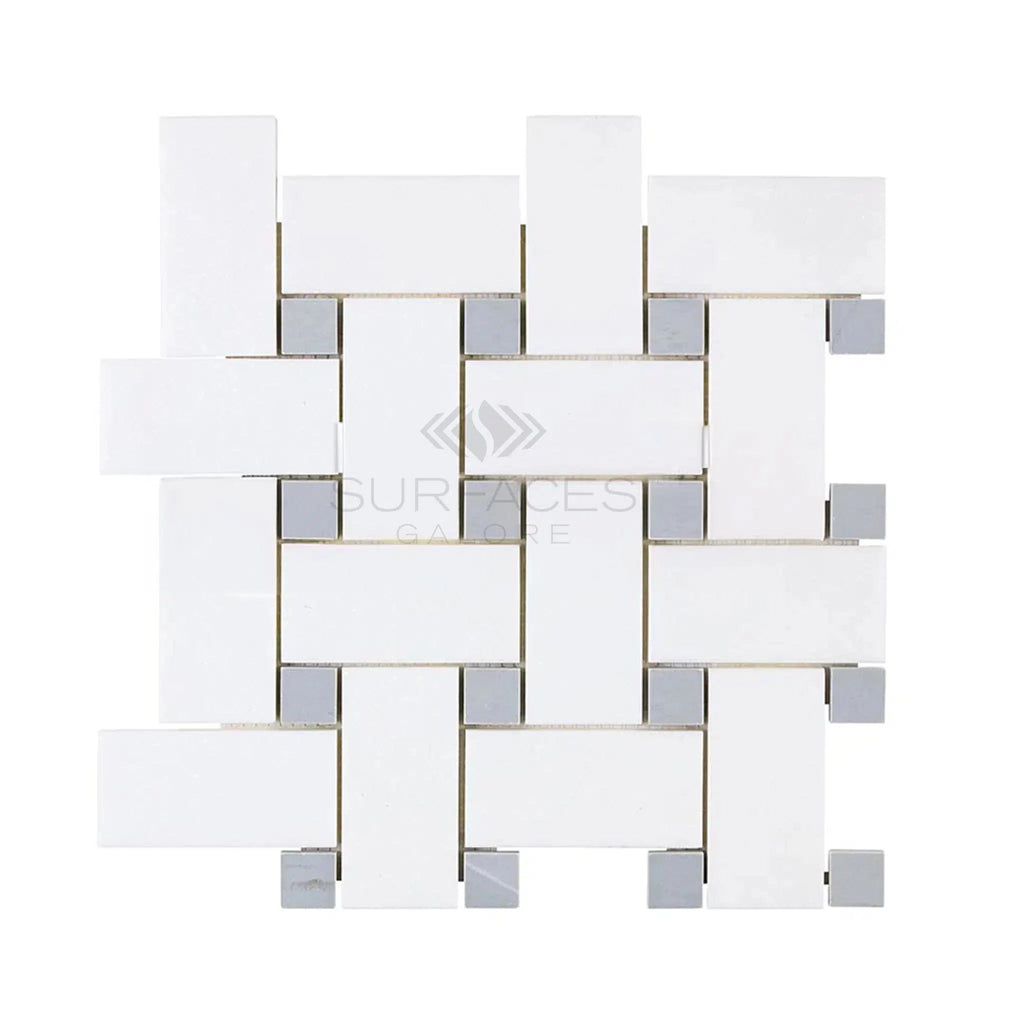 Thassos White (Greek) Large Basketweave Mosaic (w/ Blue-Gray) Mosaic Marble Polished-Honed