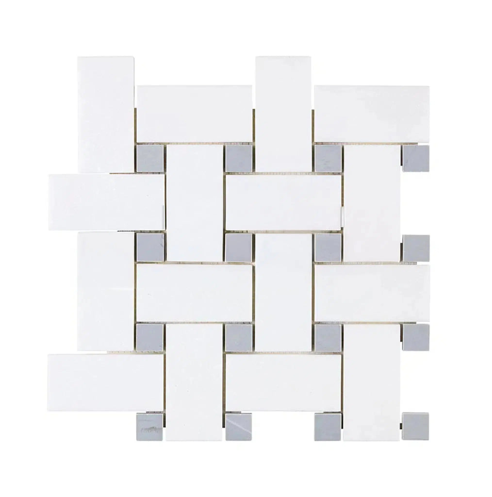 Thassos White (Greek) Large Basketweave Mosaic (w/ Blue-Gray) Mosaic Marble Polished-Honed