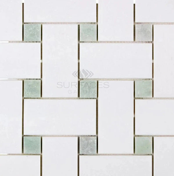 Thassos White (Greek) Large Basketweave Mosaic (w/ Ming - Green) Mosaic Marble Polished - Honed - SurfacesGalorePolished