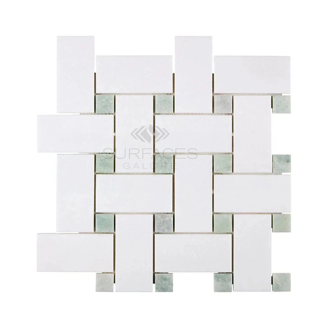 Thassos White (Greek) Large Basketweave Mosaic (w/ Ming-Green) Mosaic Marble Polished-Honed