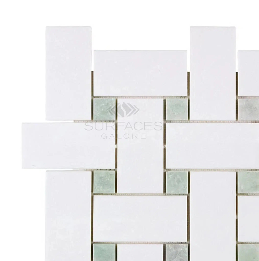 Thassos White (Greek) Large Basketweave Mosaic (w/ Ming - Green) Mosaic Marble Polished - Honed - SurfacesGalorePolished