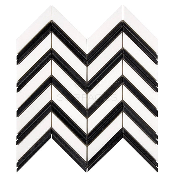 Thassos White (Greek) Large Chevron (w/ Black) Mosaic Marble Polished-Honed