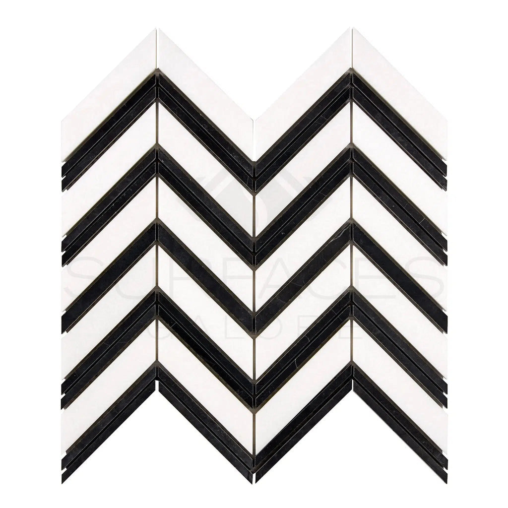 Thassos White (Greek) Large Chevron (w/ Black) Mosaic Marble Polished - Honed - SurfacesGalorePolished