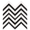 The Thassos White (Greek) Large Chevron (with Black) Mosaic Marble Polished-Honed tile features a striking black and white chevron pattern with alternating diagonal stripes, crafted from Thassos White Marble. Available exclusively at SurfacesGalore.