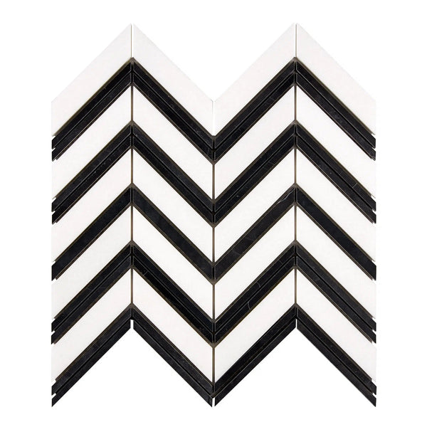 Thassos White (Greek) Large Chevron (w/ Black) Mosaic Marble Polished-Honed