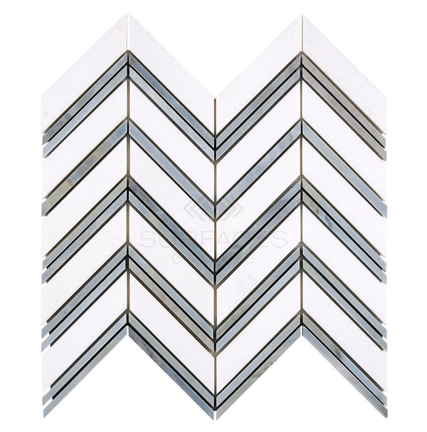 Thassos White (Greek) Large Chevron (w/ Blue-Gray) Mosaic Marble Polished-Honed