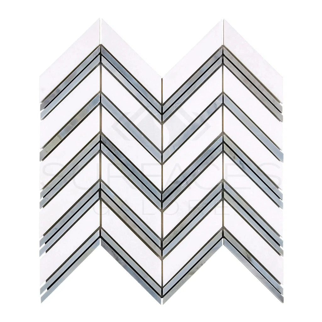 Thassos White (Greek) Large Chevron (w/ Blue - Gray) Mosaic Marble Polished - Honed - SurfacesGalorePolished