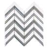 The Thassos White (Greek) Large Chevron (with Blue-Gray) Mosaic Marble Polished-Honed by SurfacesGalore features a luxurious chevron pattern with alternating Thassos white marble and blue-gray stripes, forming two interlocking upward-pointing arrow shapes.