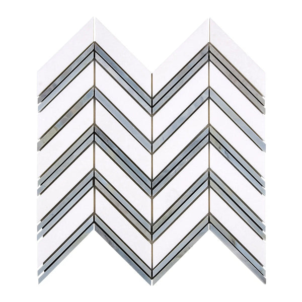 Thassos White (Greek) Large Chevron (w/ Blue-Gray) Mosaic Marble Polished-Honed