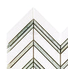 SurfacesGalore offers the Thassos White (Greek) Large Chevron Mosaic Marble in a polished-honed finish, featuring pure white marble accented with green chevron patterns in alternating light and dark shades.