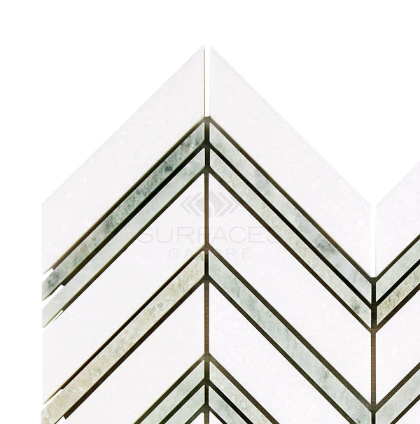 SurfacesGalore offers the Thassos White (Greek) Large Chevron Mosaic Marble in a polished-honed finish, featuring pure white marble accented with green chevron patterns in alternating light and dark shades.