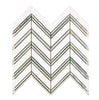 The Thassos White (Greek) Large Chevron Mosaic Marble Polished-Honed by SurfacesGalore showcases a white and gray zigzag chevron pattern with gold accents on a pure white marble background.