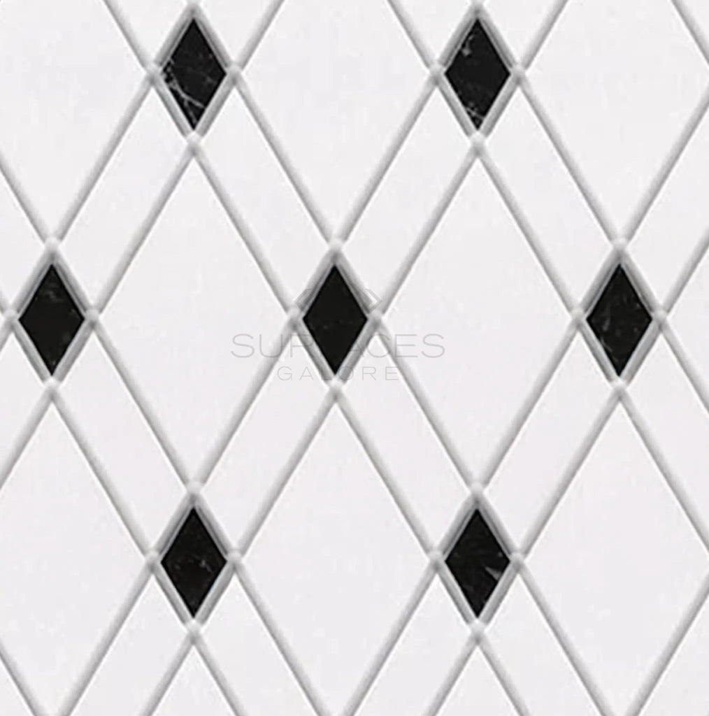 The Thassos White (Greek) Lattice Mosaic Marble tiles, featuring an elegant combination of Thassos White and Black in a polished-honed finish, are available at SurfacesGalore for a sophisticated geometric design.