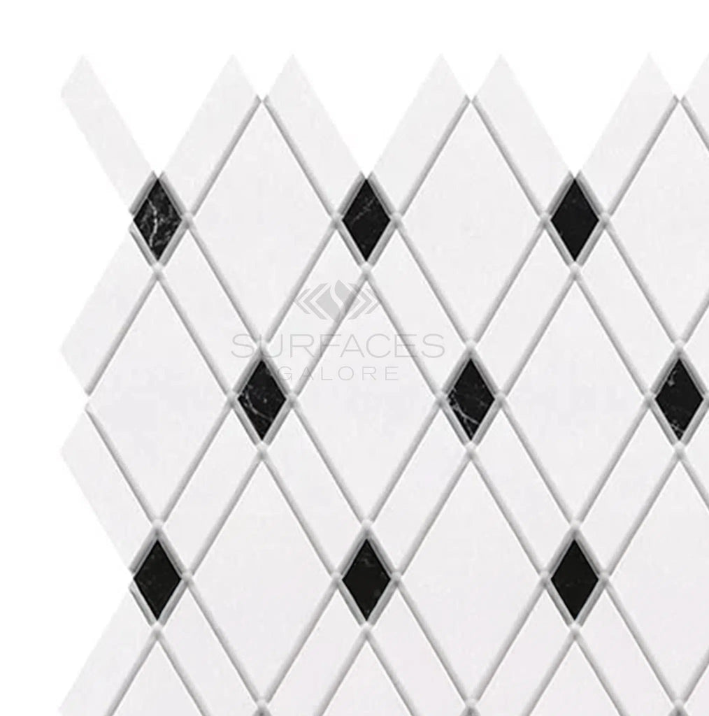 The Thassos White (Greek) Lattice (Thassos White + Black) Mosaic Marble Polished-Honed tiles from SurfacesGalore feature a diamond-patterned geometric design in white and black, making them ideal for modern interiors. These elegant tiles are beautifully complemented by Thassos White Marble accents.