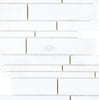 Close-up of Thassos White (Greek) Manhattan (Random-Strip) Mosaic Marble Polished-Honed tiles arranged in a staggered pattern, showcasing thin, rectangular pieces. "SurfacesGalore" text overlay.