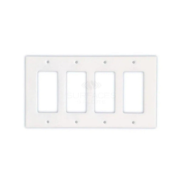 The Thassos White Marble 4 Gang ROCKER Switch Wall Plate/Cover Plate/Switch Plate by SurfacesGalore features rectangular openings for switches or outlets against a plain white background, making it an ideal choice for those seeking stylish switch plate covers.