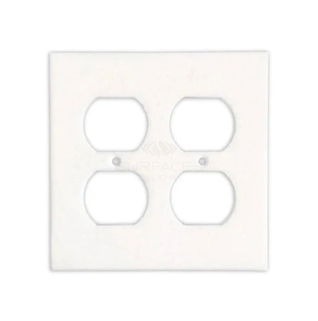 Upgrade your space with the Thassos White Marble Double DUPLEX Switch Wall Plate/Cover Plate/Switch Plate by SurfacesGalore, featuring four openings for electrical outlets and two screw holes in the center. Perfect for adding a touch of elegance and sophistication to any room.